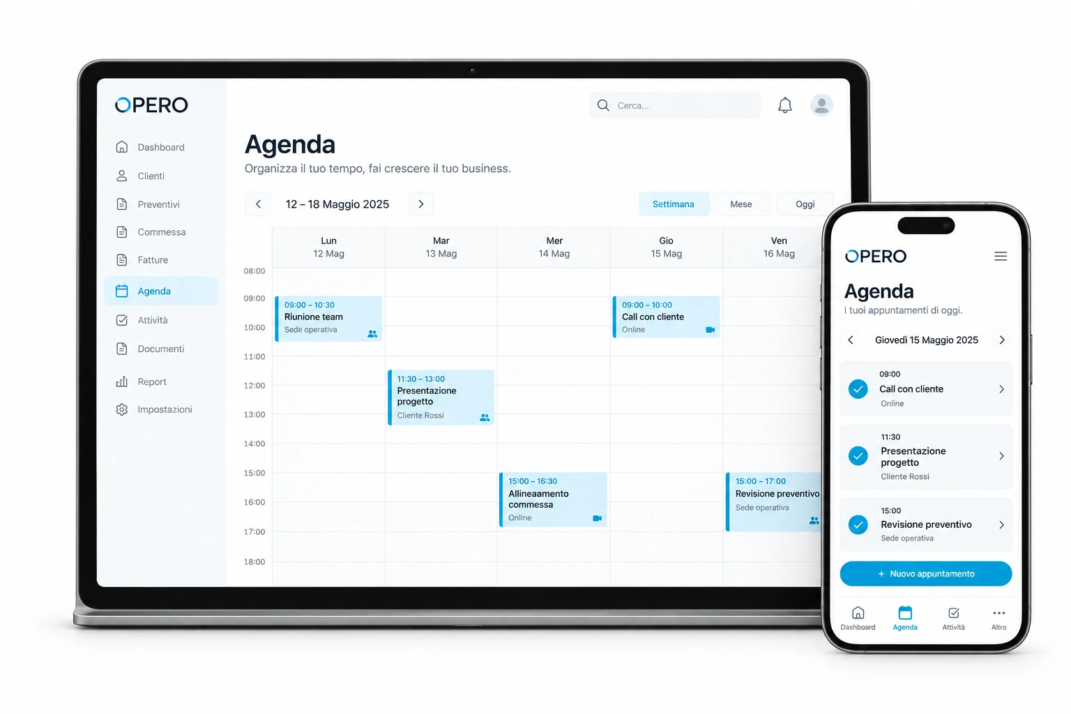Tablet e smartphone con schermate illustrative di agenda, attività e scadenze
