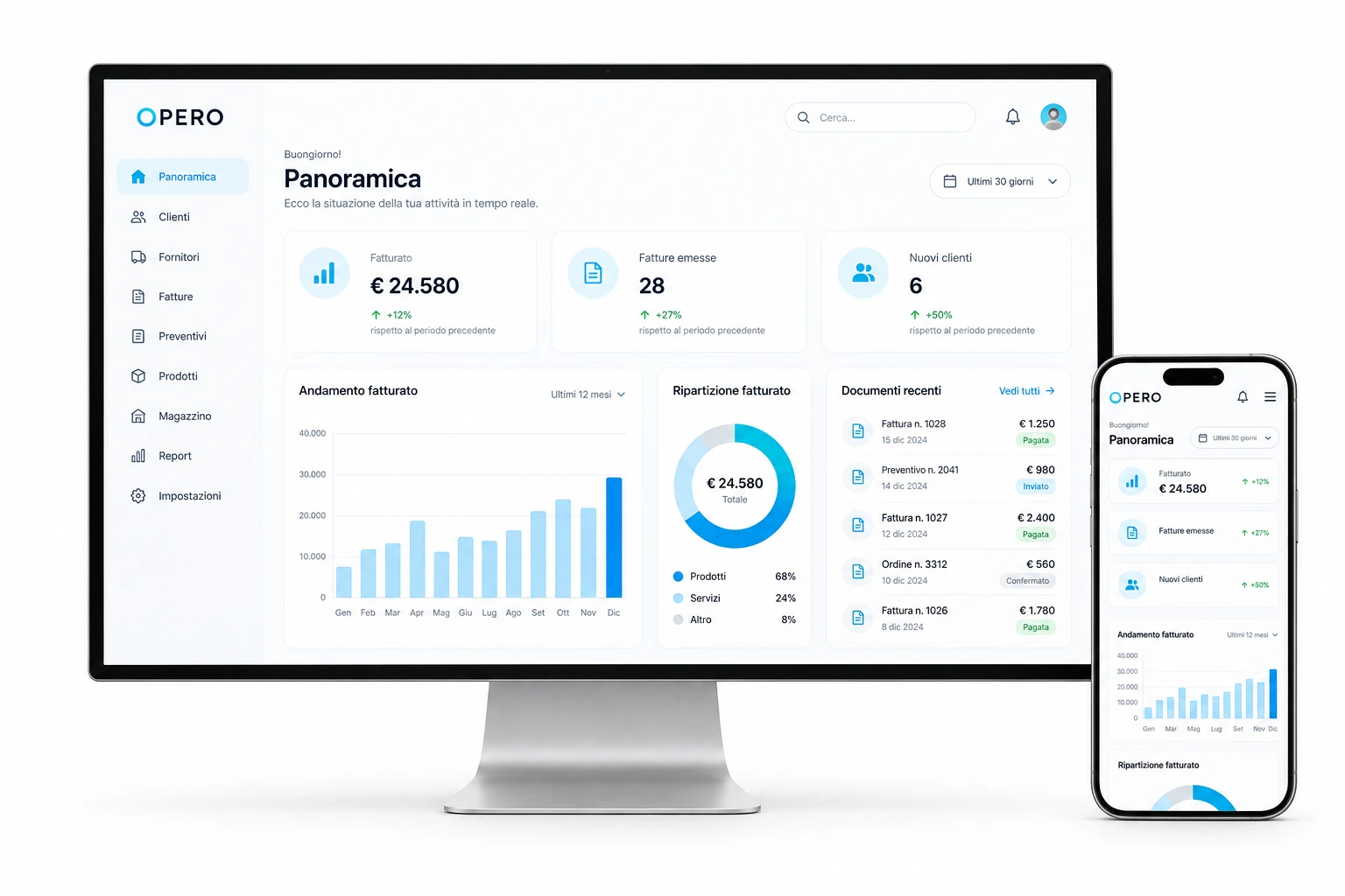 Monitor e smartphone con una schermata illustrativa di riepilogo e grafici blu