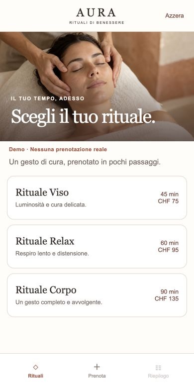 La schermata reale di AURA: un trattamento viso in una spa dai toni caldi e la scelta del rituale.