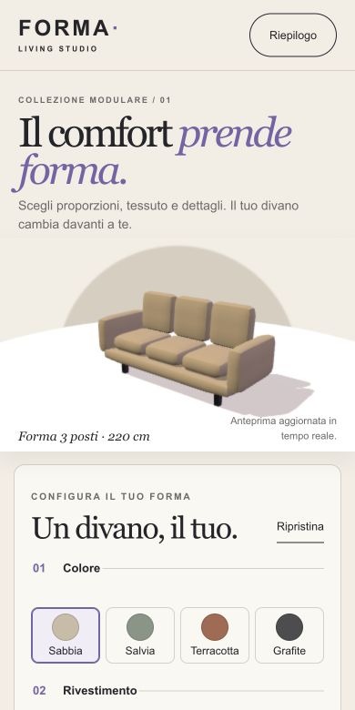 La schermata reale di FORMA: un divano configurabile in anteprima, colori e rivestimenti da scegliere.
