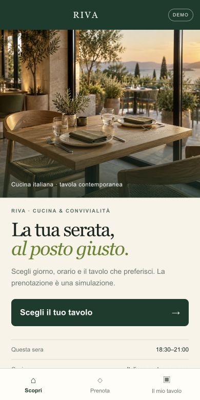 La schermata reale dell’app RIVA, con il ristorante e la prenotazione del tavolo dalla piantina.