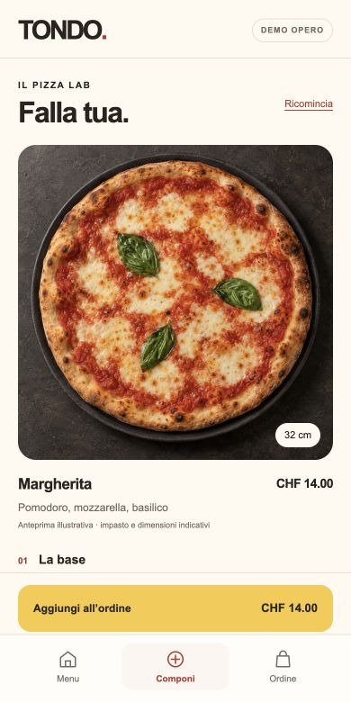 La schermata reale dell’app TONDO, con pizze fotografiche e personalizzazione dell’ordine.