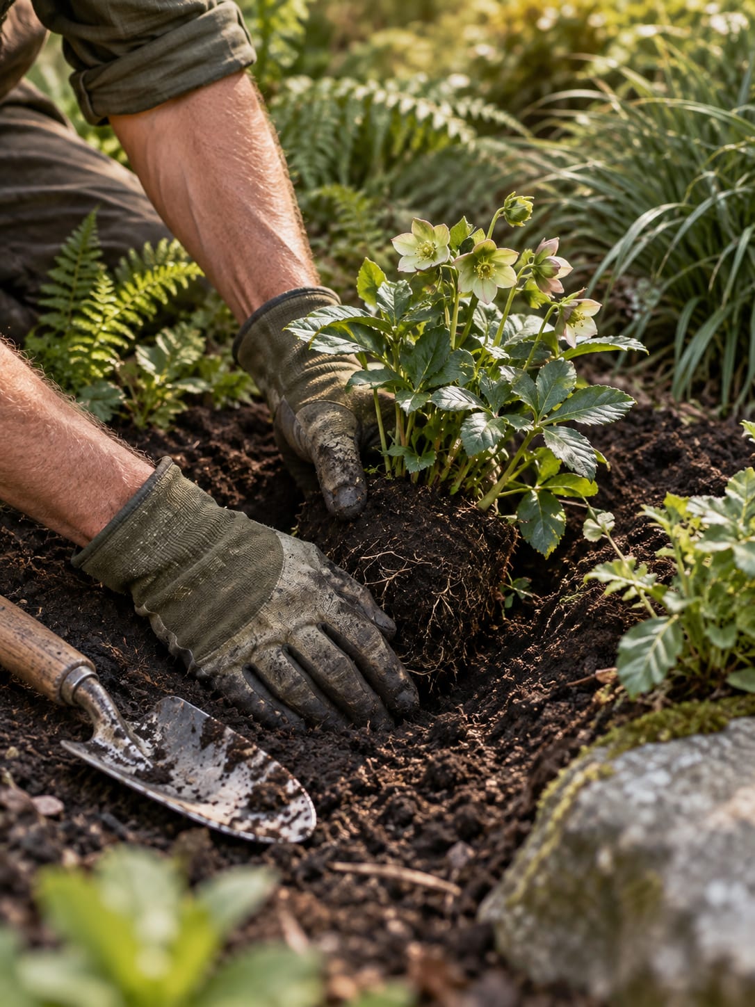 Le mani di un giardiniere mettono a dimora una pianta nella terra