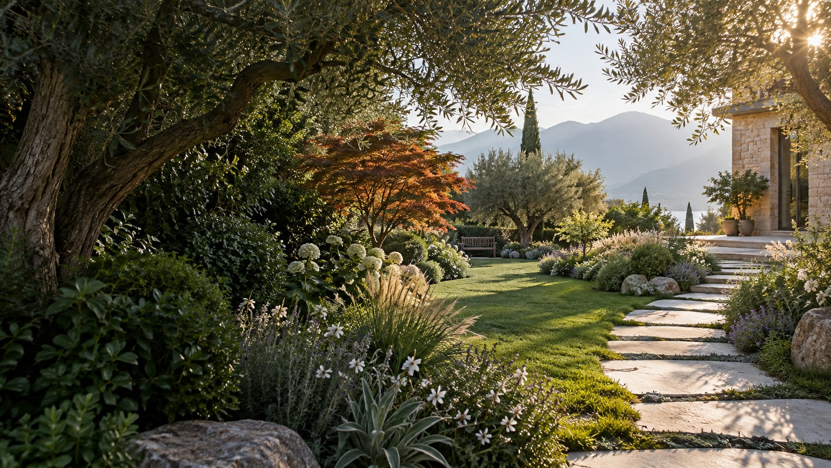Giardino curato con un sentiero in pietra chiara, prato e bordure rigogliose