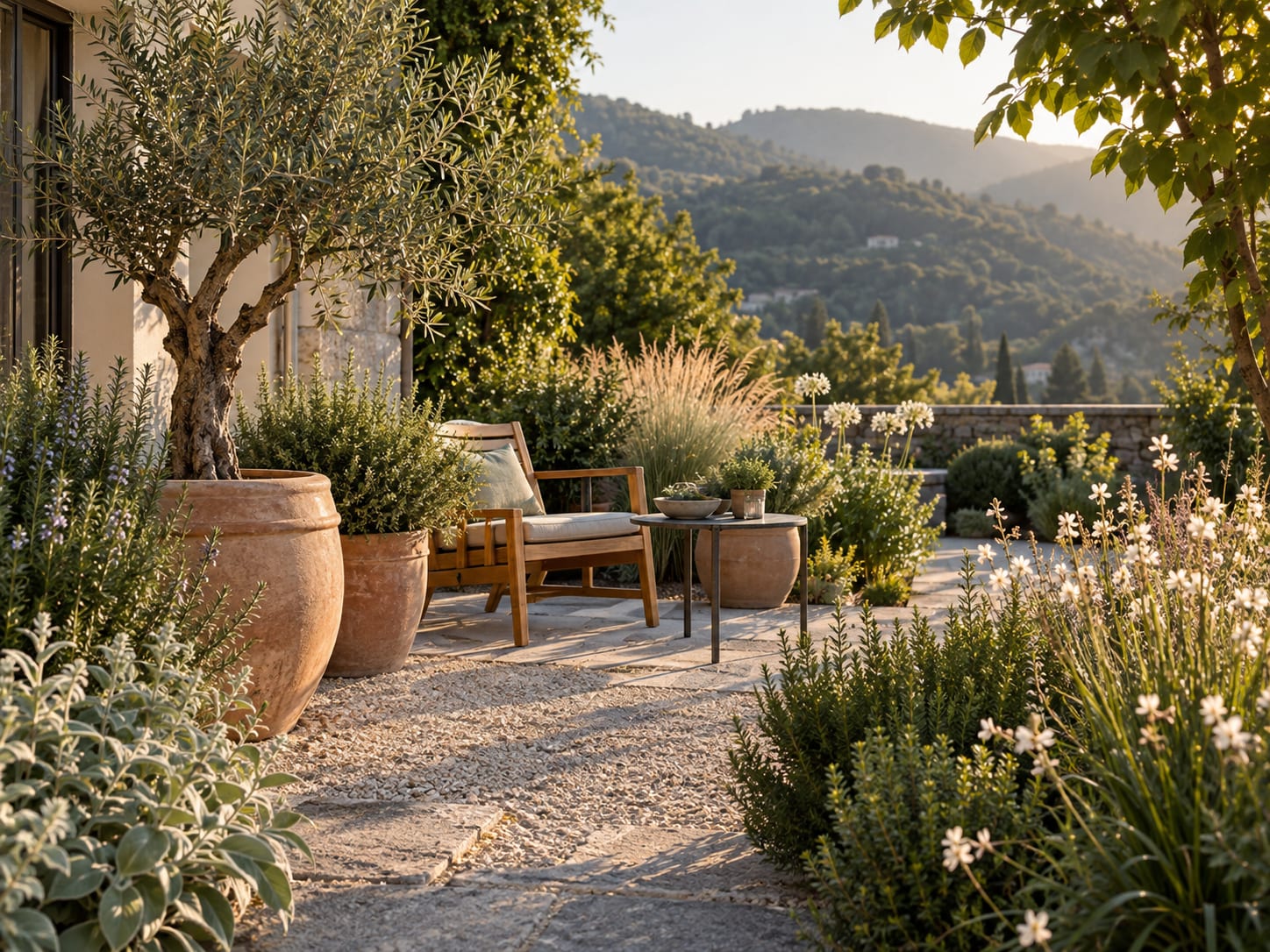 Terrazzo con vasi in terracotta, un ulivo, piante aromatiche e una seduta in legno