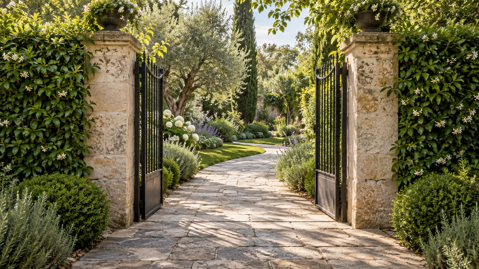 Ingresso in pietra naturale con un cancello aperto e un sentiero tra il verde